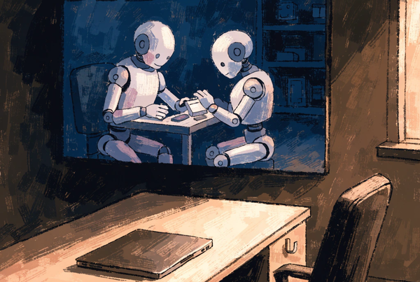 An empty desk with a closed laptop and the chair pushed in; on the wall a screen where two androids are still quietly working