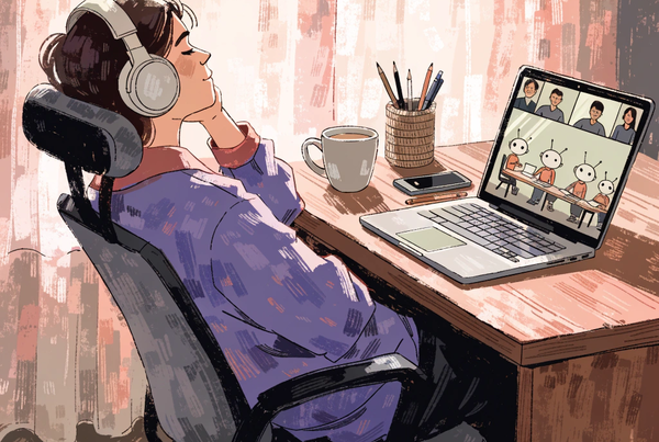 Someone leaning back with headphones on, half-listening to a call; on the laptop two small colleague tiles and a large shared window of androids at work