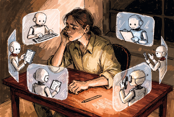 One person at a desk surrounded by six screens, an android on each waiting for an answer
